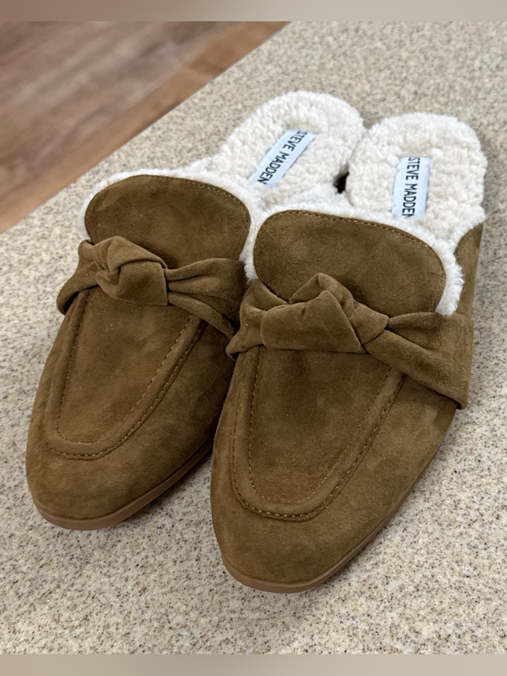 Steve Madden Chart Brown Leather Mule Faux Shearling Lined 9.5 New Knot Top